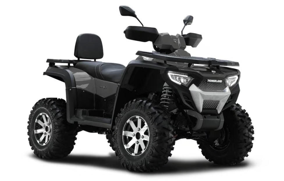 Grå Powerland Tachyon elektrisk ATV set fra siden, med robuste hjul og moderne design.